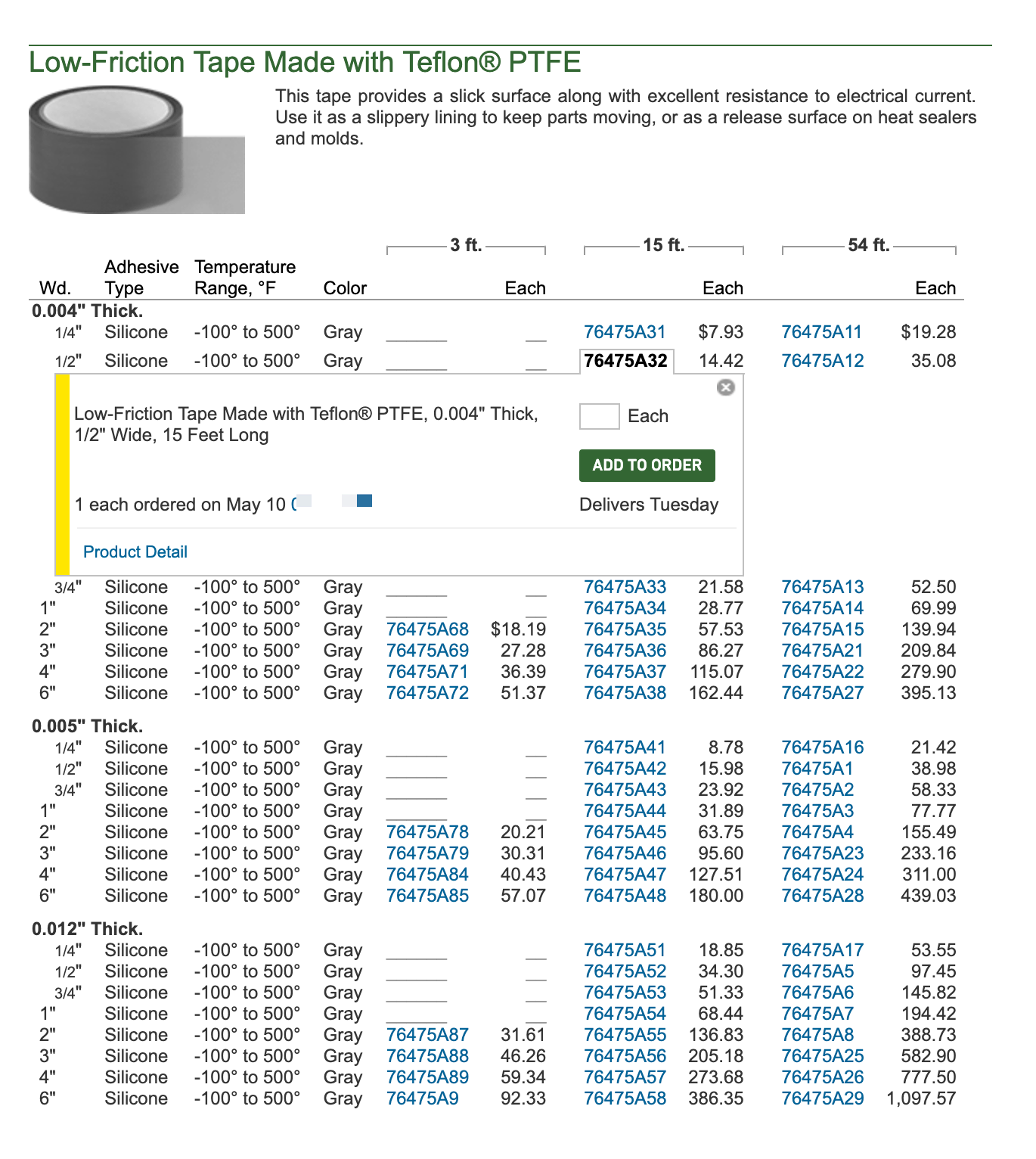 McMaster-Carr PTFE tape product listing