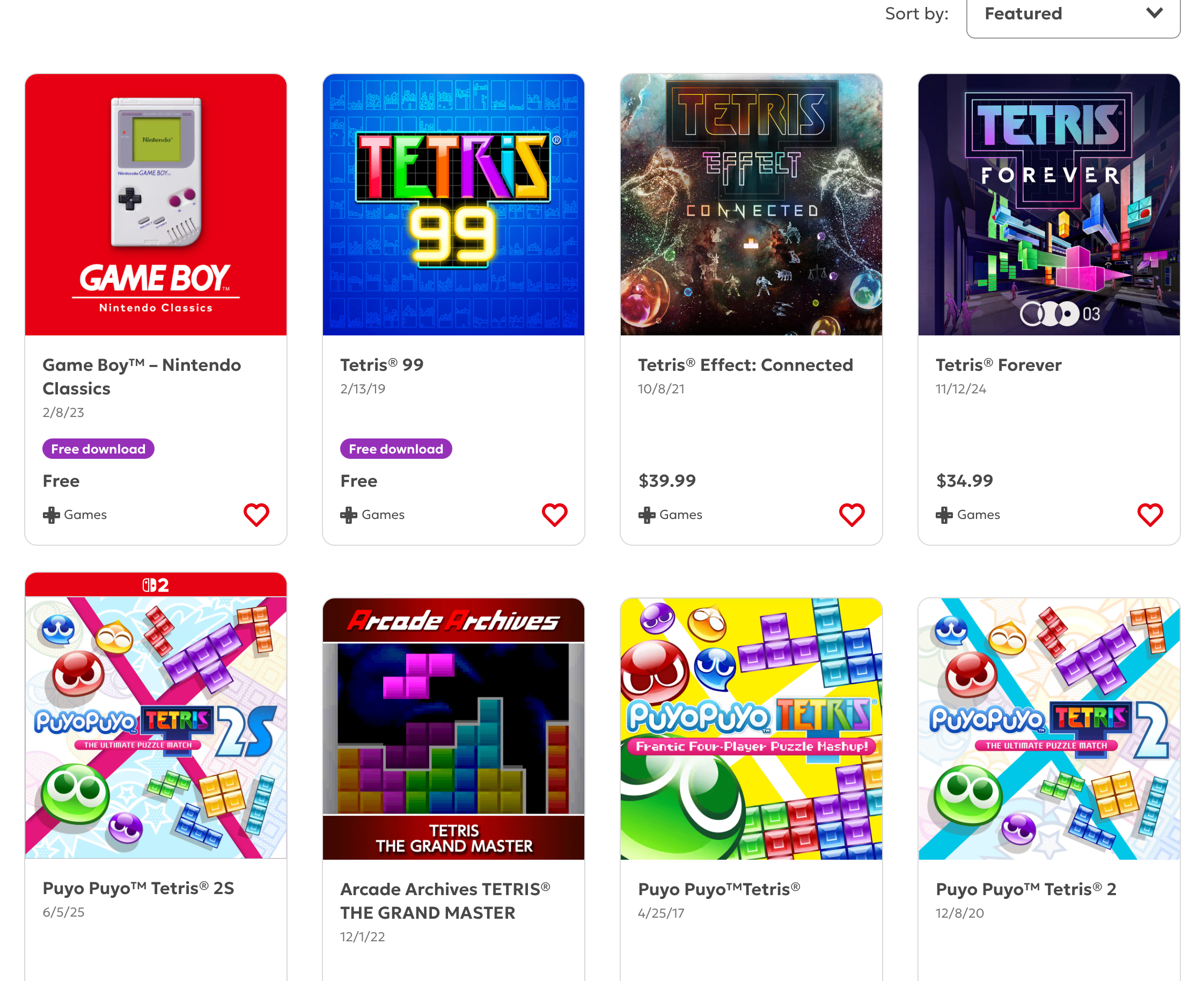 Nintendo eShop search results for Tetris on Switch, showing eight titles including Tetris 99, Tetris Effect: Connected, Tetris Forever, and several Puyo Puyo Tetris entries